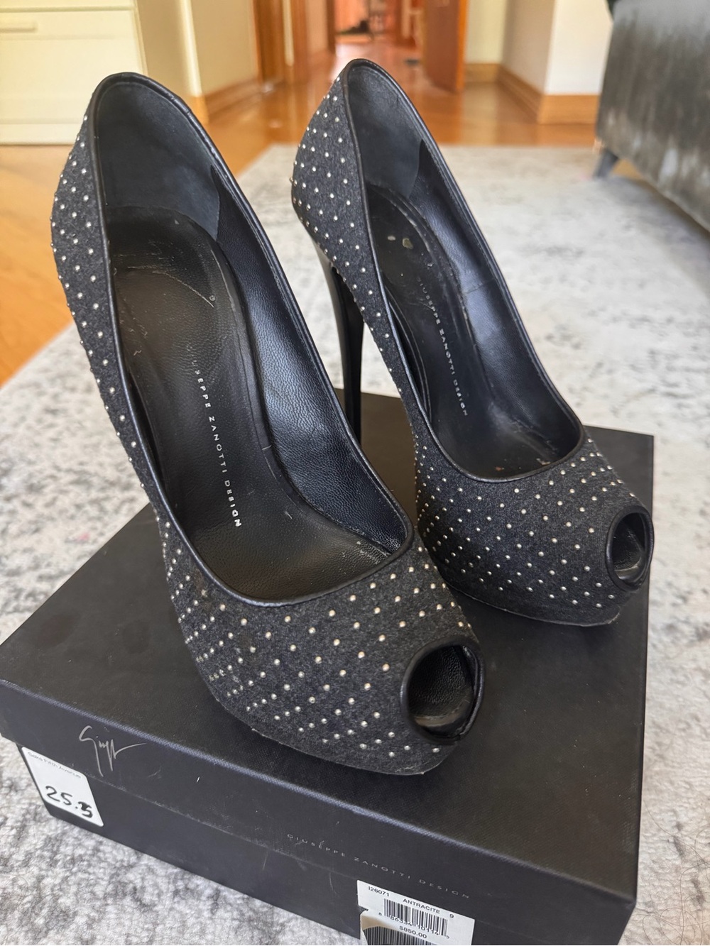 Giuseppe Zanotti Black Rhinestone Peep-Toe High Heels